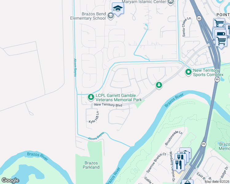 map of restaurants, bars, coffee shops, grocery stores, and more near 4606 Schiller Park Lane in Sugar Land