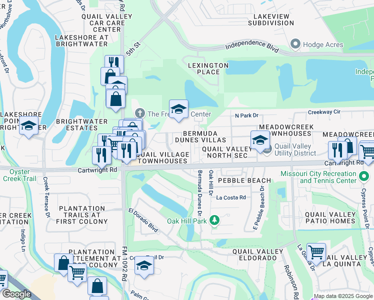 map of restaurants, bars, coffee shops, grocery stores, and more near 18 Windsor Court in Missouri City