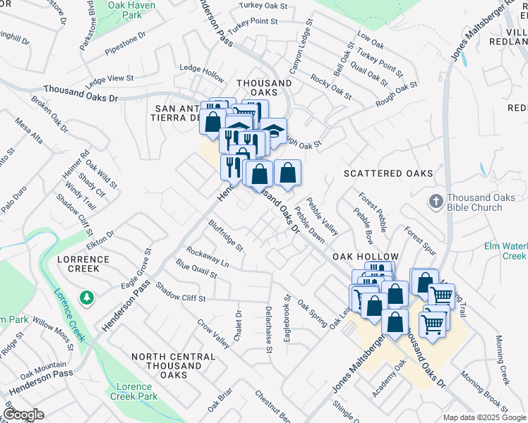 map of restaurants, bars, coffee shops, grocery stores, and more near 2538 Thousand Oaks Drive in San Antonio