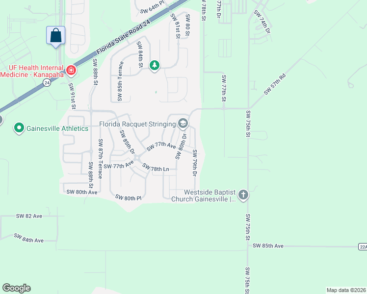 map of restaurants, bars, coffee shops, grocery stores, and more near 7557 Southwest 80th Drive in Gainesville