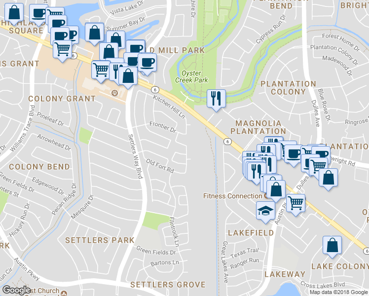 map of restaurants, bars, coffee shops, grocery stores, and more near 2738 Kettle Run in Sugar Land