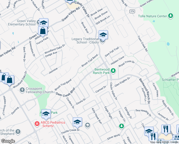 map of restaurants, bars, coffee shops, grocery stores, and more near 112 Storm Mountain in Cibolo