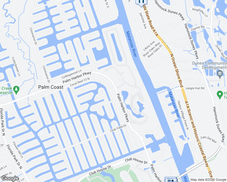 map of restaurants, bars, coffee shops, grocery stores, and more near 74 Coral Reef Court North in Palm Coast