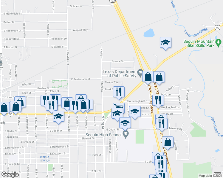map of restaurants, bars, coffee shops, grocery stores, and more near 1136 Stanley Way in Seguin