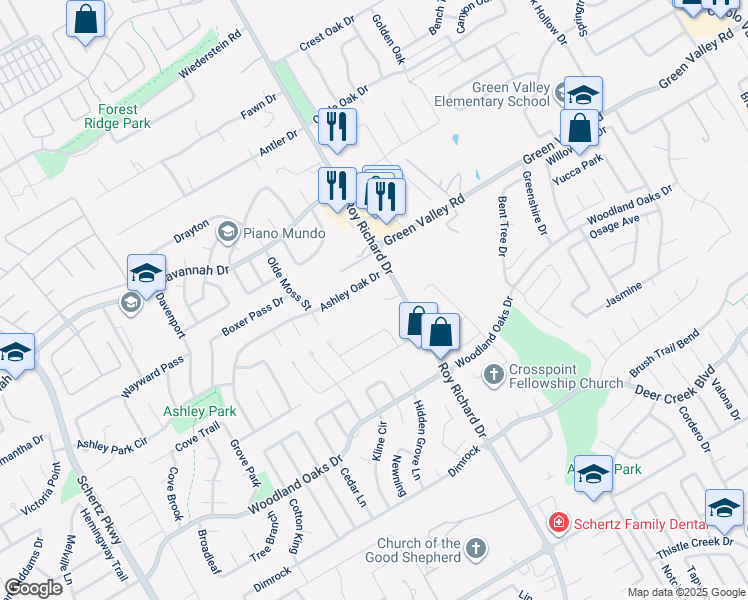 map of restaurants, bars, coffee shops, grocery stores, and more near 3301 Roy Richard Drive in Schertz