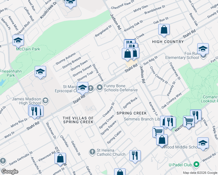 map of restaurants, bars, coffee shops, grocery stores, and more near 5430 Spring Day in San Antonio