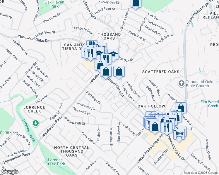 map of restaurants, bars, coffee shops, grocery stores, and more near 2538 Thousand Oaks Drive in San Antonio