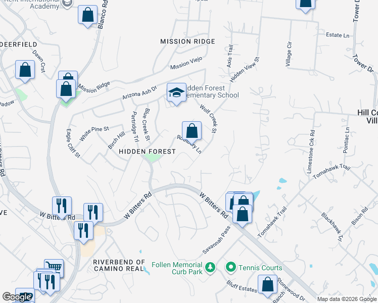 map of restaurants, bars, coffee shops, grocery stores, and more near 15810 Rothbury Lane in San Antonio