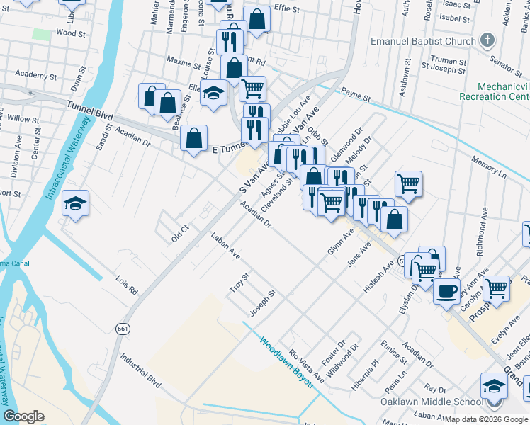 map of restaurants, bars, coffee shops, grocery stores, and more near 163-199 Agnes Street in Houma