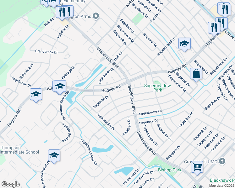 map of restaurants, bars, coffee shops, grocery stores, and more near 9819 Sage Lee Drive in Houston