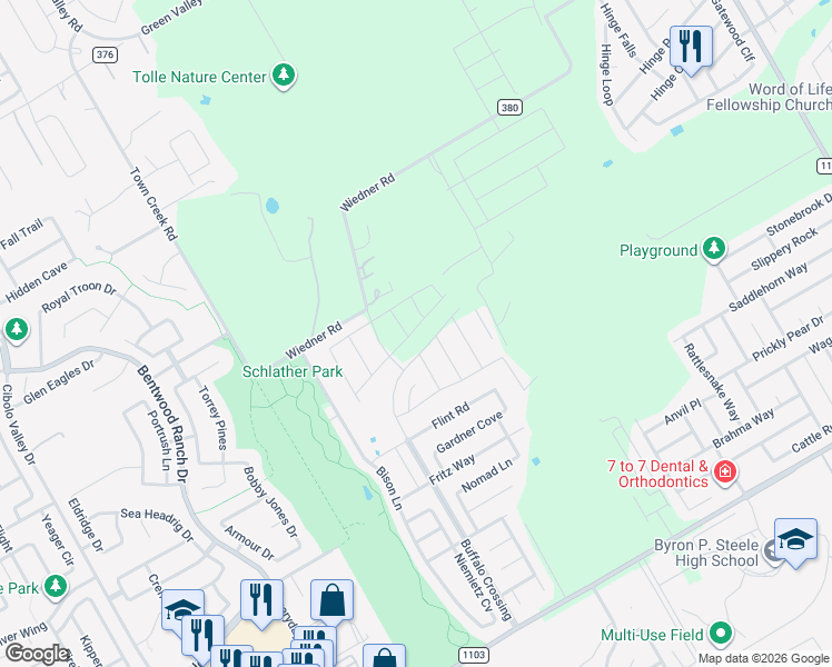 map of restaurants, bars, coffee shops, grocery stores, and more near 5549 Columbia Drive in Schertz