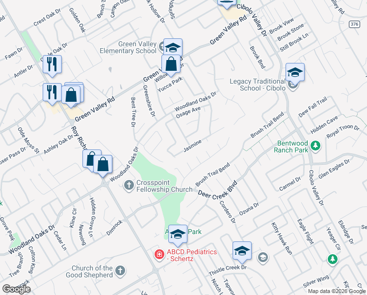 map of restaurants, bars, coffee shops, grocery stores, and more near 2811 Wild Cherry in Schertz