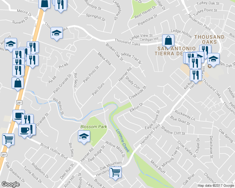 map of restaurants, bars, coffee shops, grocery stores, and more near 2000 Crooked Creek Street in San Antonio