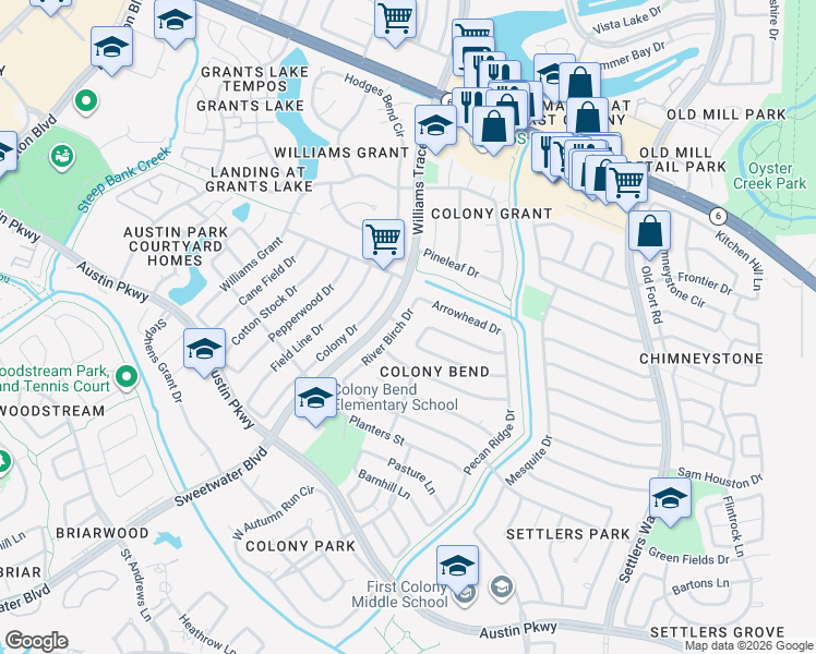 map of restaurants, bars, coffee shops, grocery stores, and more near 2715 River Birch Drive in Sugar Land