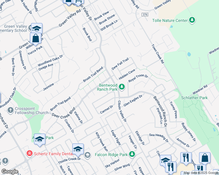 map of restaurants, bars, coffee shops, grocery stores, and more near 217 Morning Dew in Cibolo