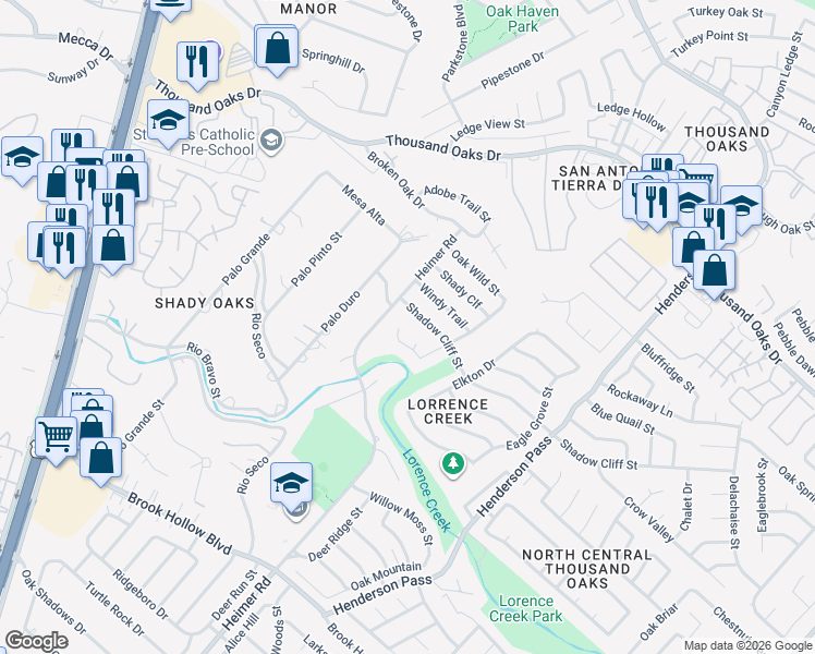 map of restaurants, bars, coffee shops, grocery stores, and more near 2000 Crooked Creek Street in San Antonio