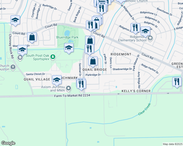 map of restaurants, bars, coffee shops, grocery stores, and more near 16525 Monte Carlo Lane in Houston