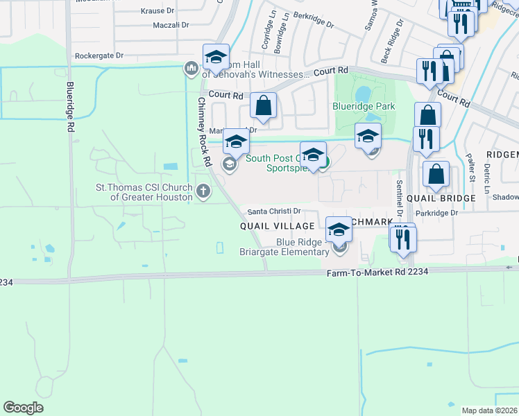 map of restaurants, bars, coffee shops, grocery stores, and more near 6118 Santa Christi Drive in Houston