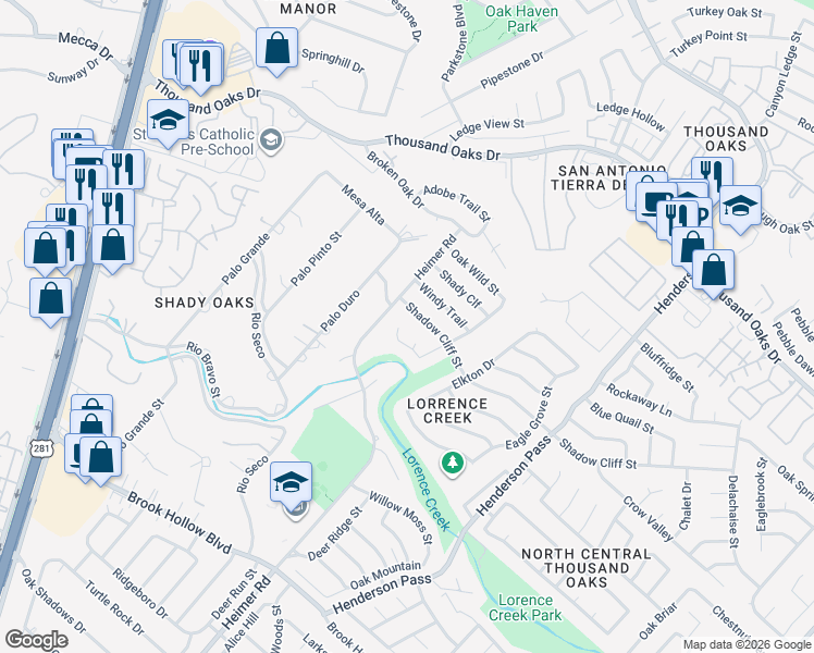 map of restaurants, bars, coffee shops, grocery stores, and more near 2000 Crooked Creek Street in San Antonio