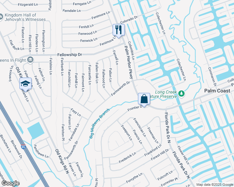 map of restaurants, bars, coffee shops, grocery stores, and more near 85 Farmsworth Drive in Palm Coast