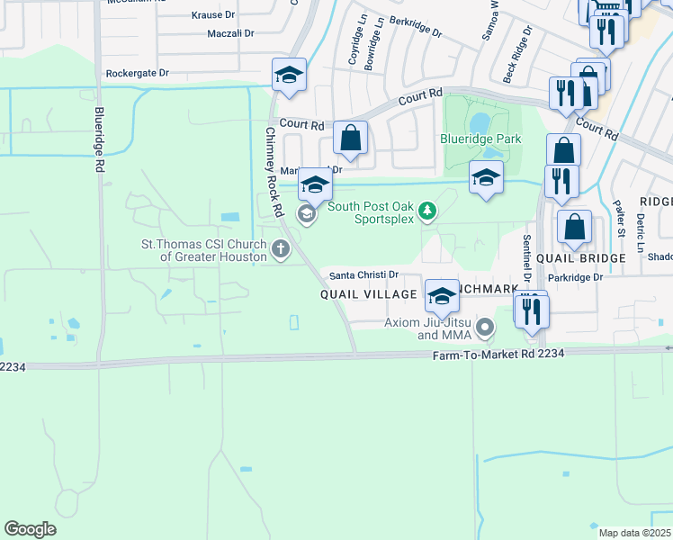 map of restaurants, bars, coffee shops, grocery stores, and more near 6118 Santa Christi Drive in Houston