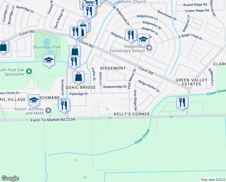 map of restaurants, bars, coffee shops, grocery stores, and more near 5103 Shadowridge Drive in Houston