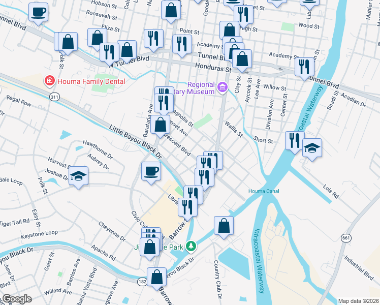 map of restaurants, bars, coffee shops, grocery stores, and more near 1499 Daspit St in Houma