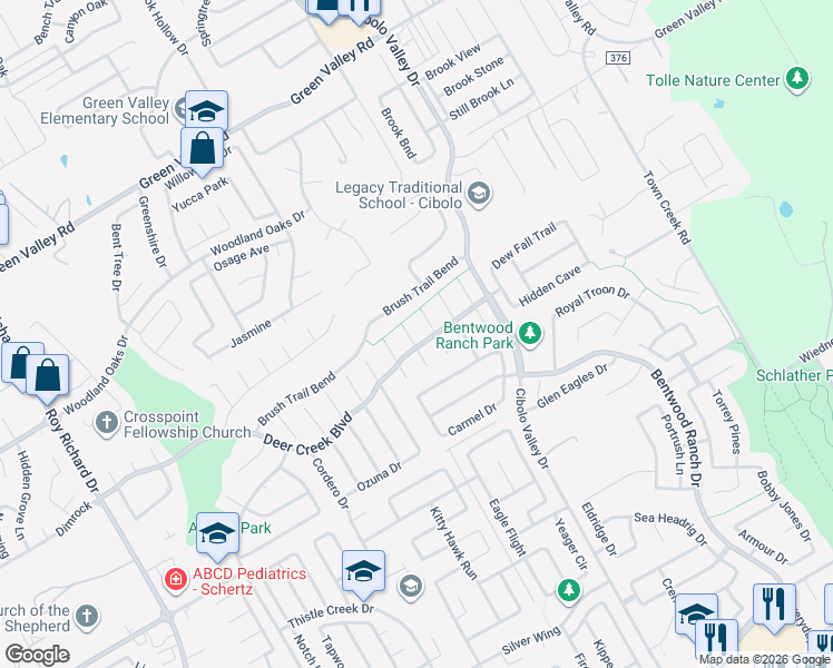 map of restaurants, bars, coffee shops, grocery stores, and more near 112 Storm Mountain in Cibolo