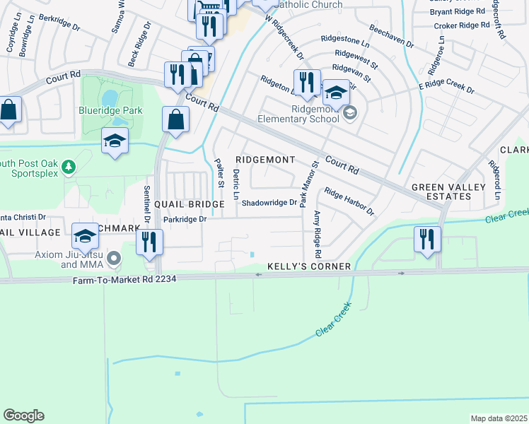 map of restaurants, bars, coffee shops, grocery stores, and more near 5103 Shadowridge Drive in Houston