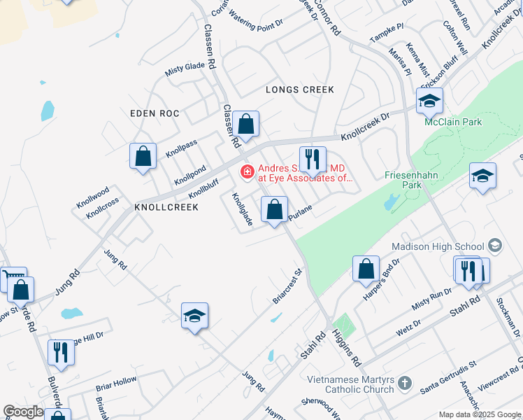 map of restaurants, bars, coffee shops, grocery stores, and more near 4402 Knollchase in San Antonio