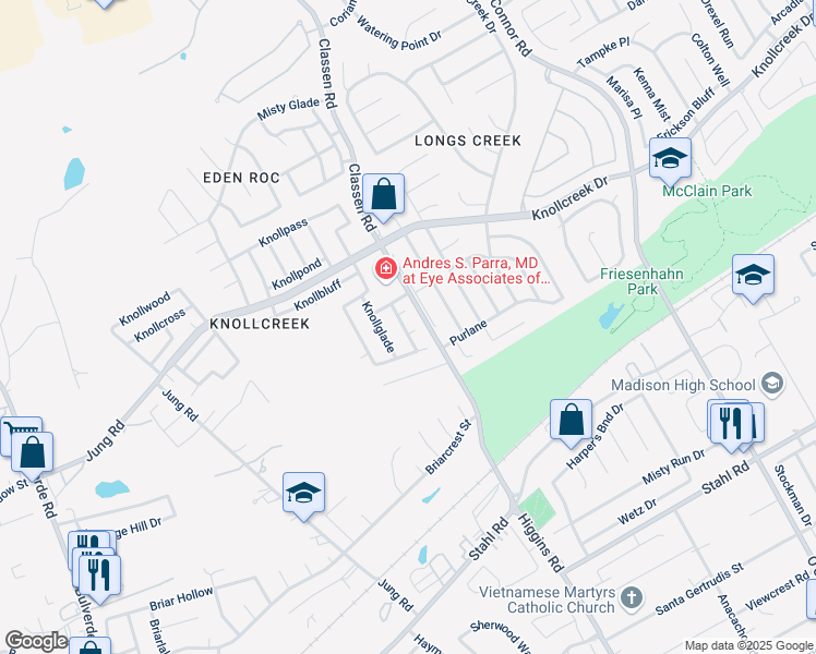 map of restaurants, bars, coffee shops, grocery stores, and more near 4402 Knollchase in San Antonio