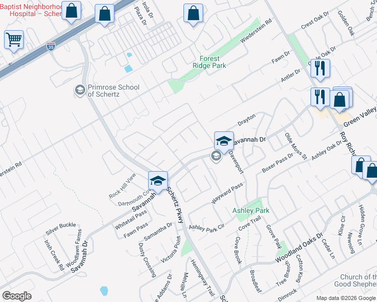 map of restaurants, bars, coffee shops, grocery stores, and more near 3621 Marietta Lane in Schertz