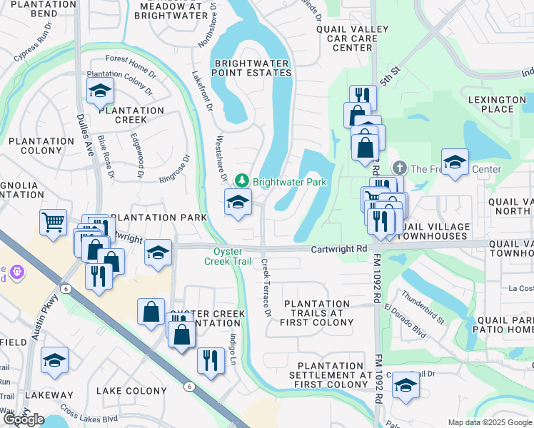 map of restaurants, bars, coffee shops, grocery stores, and more near 4122 Waterview Court in Missouri City