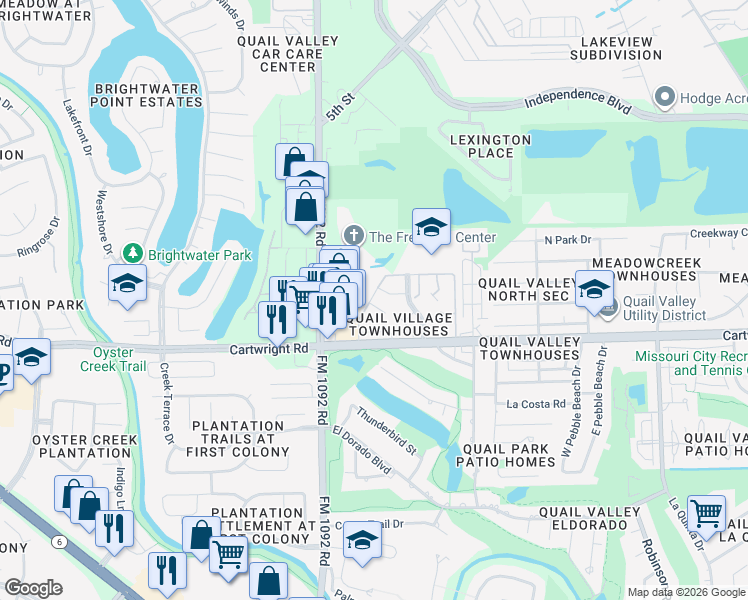 map of restaurants, bars, coffee shops, grocery stores, and more near 46 Pinehurst Lane in Missouri City