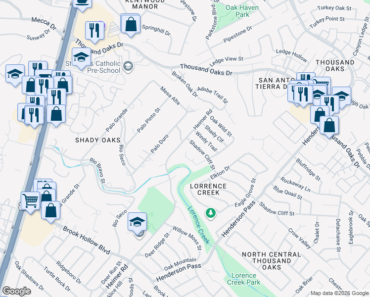 map of restaurants, bars, coffee shops, grocery stores, and more near 2000 Crooked Creek Street in San Antonio
