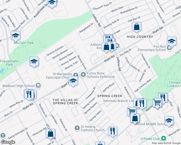 map of restaurants, bars, coffee shops, grocery stores, and more near 5430 Spring Day in San Antonio