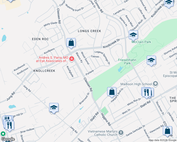 map of restaurants, bars, coffee shops, grocery stores, and more near 15403 Wood Sorrel in San Antonio