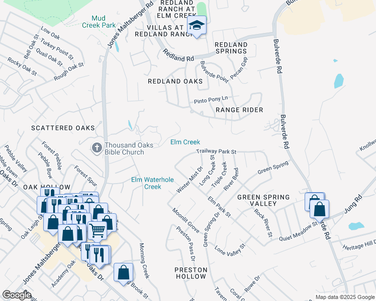 map of restaurants, bars, coffee shops, grocery stores, and more near 3331 Trailway Park Street in San Antonio