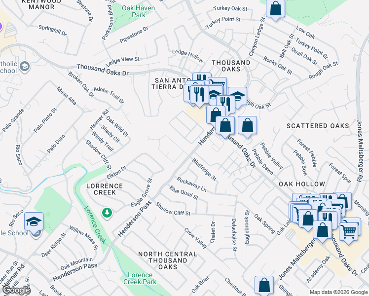 map of restaurants, bars, coffee shops, grocery stores, and more near 2327 Bluffridge Street in San Antonio