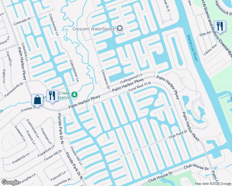 map of restaurants, bars, coffee shops, grocery stores, and more near 178 Coral Reef Ct N in Palm Coast