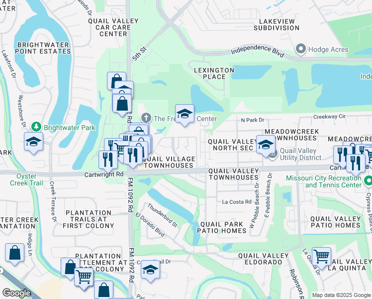 map of restaurants, bars, coffee shops, grocery stores, and more near 32 Chapparal Court in Missouri City