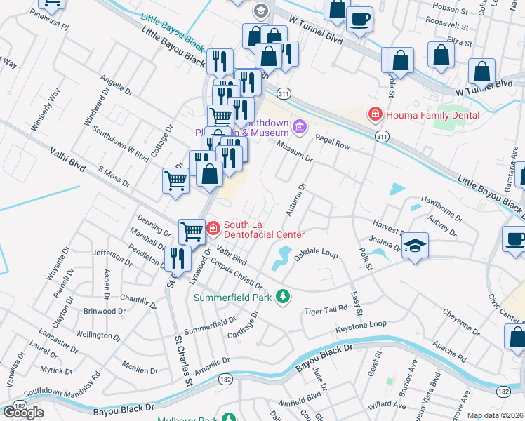 map of restaurants, bars, coffee shops, grocery stores, and more near Rue Saint Mary in Houma