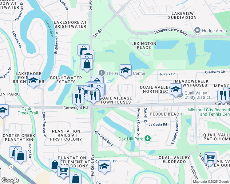 map of restaurants, bars, coffee shops, grocery stores, and more near 32 Warwick Lane in Missouri City