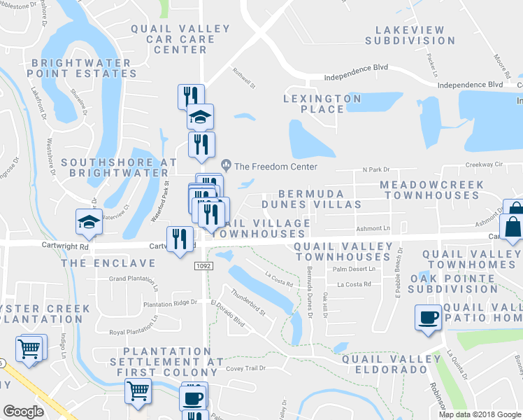 map of restaurants, bars, coffee shops, grocery stores, and more near 32 Warwick Lane in Missouri City