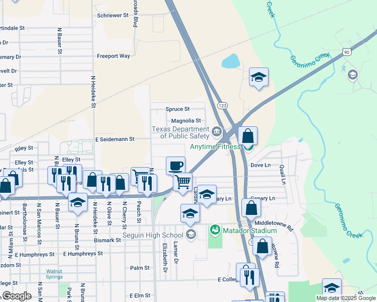 map of restaurants, bars, coffee shops, grocery stores, and more near 1521 Lucille Street in Seguin
