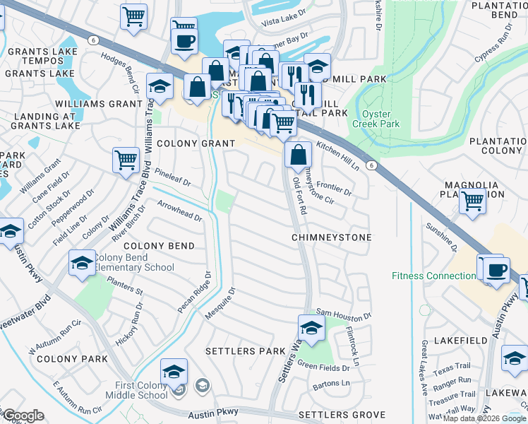 map of restaurants, bars, coffee shops, grocery stores, and more near 3118 Jenny Drive in Sugar Land