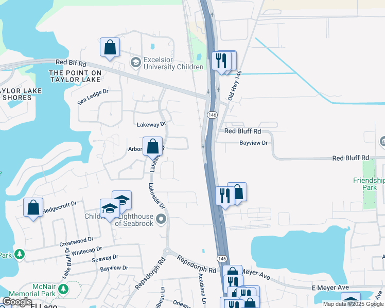 map of restaurants, bars, coffee shops, grocery stores, and more near 2233 Scenic Shore Drive in Seabrook