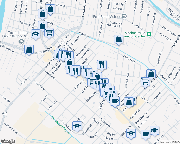 map of restaurants, bars, coffee shops, grocery stores, and more near Allen Theriot Avenue in Houma