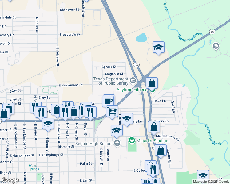 map of restaurants, bars, coffee shops, grocery stores, and more near 1521 Lucille Street in Seguin