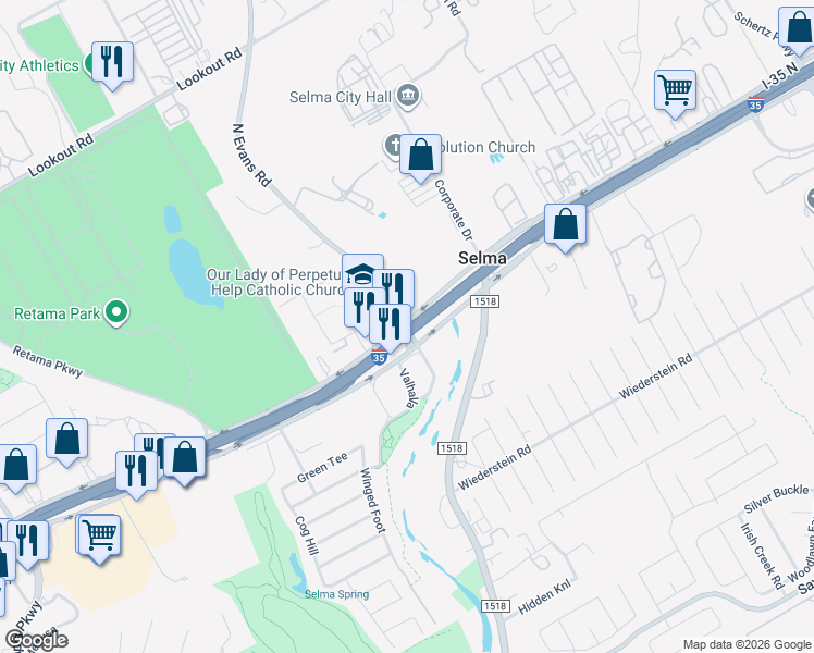map of restaurants, bars, coffee shops, grocery stores, and more near 16008 North Evans Road in Selma